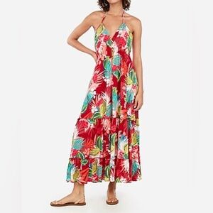 Express | Floral Deep V Halter Maxi Dress | S | Red